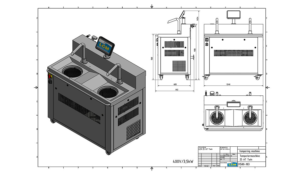 Schokoladenmaschine lcm 25 at twin zum temperieren und überziehen von Schokolade, als 3D-Render und als skizze mit größenmaßen dargestellt.