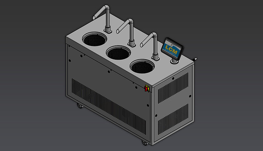 Schokoladenmaschine lcm 25 at triple temper ist zum temperieren und überziehen von Schokolade, als 3D-Render dargestellt.