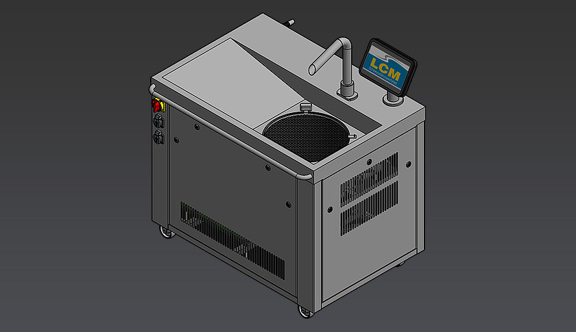Schokoladenmaschine lcm 50 at zum temperieren und überziehen von Schokolade, als 3D-Render dargestellt.